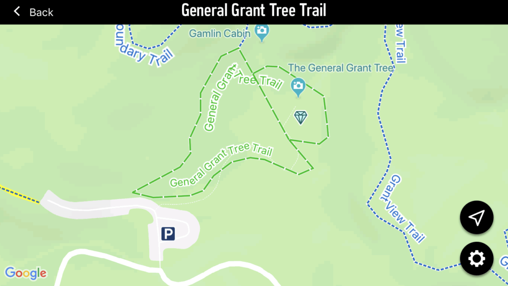 green map of general grant tree trail with dotted green line outlining the trail