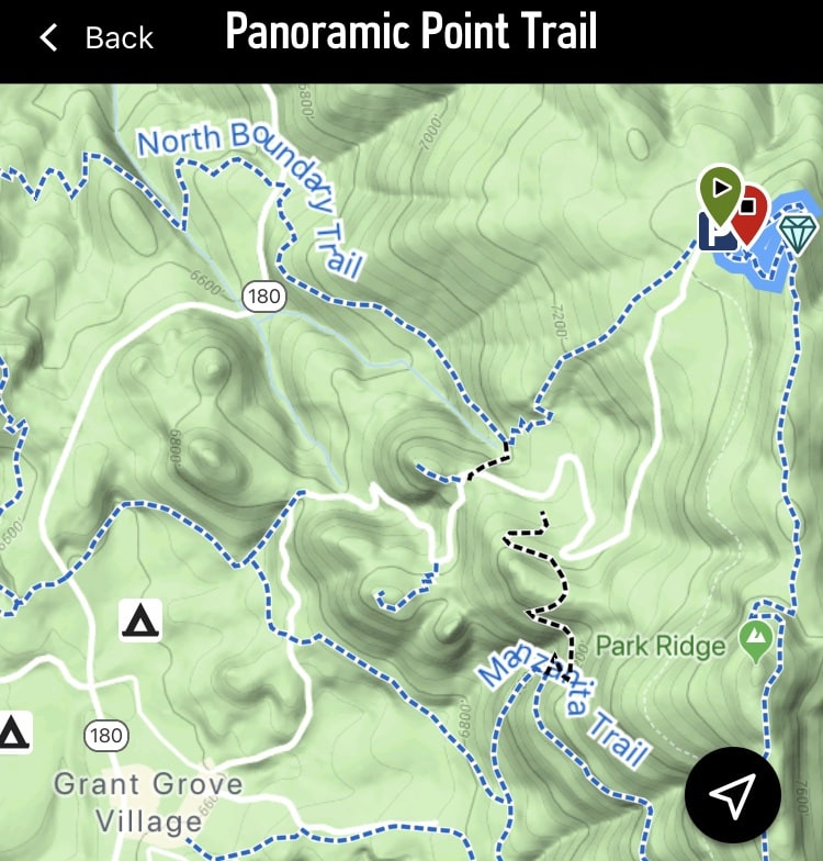 green trail map of panoramic trail. blue dotted line depicts the trail