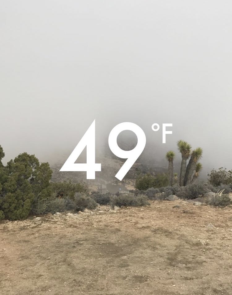 "49 degrees" written in white over a cloudy desert landscape