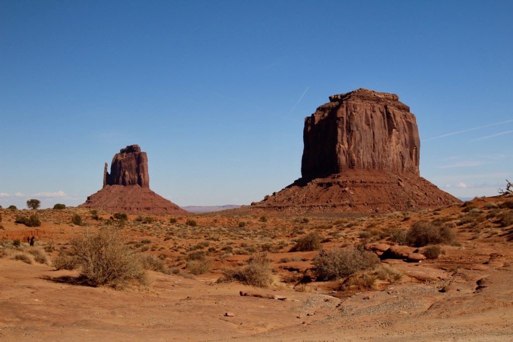 two buttes in the desert with dead desert plants in front