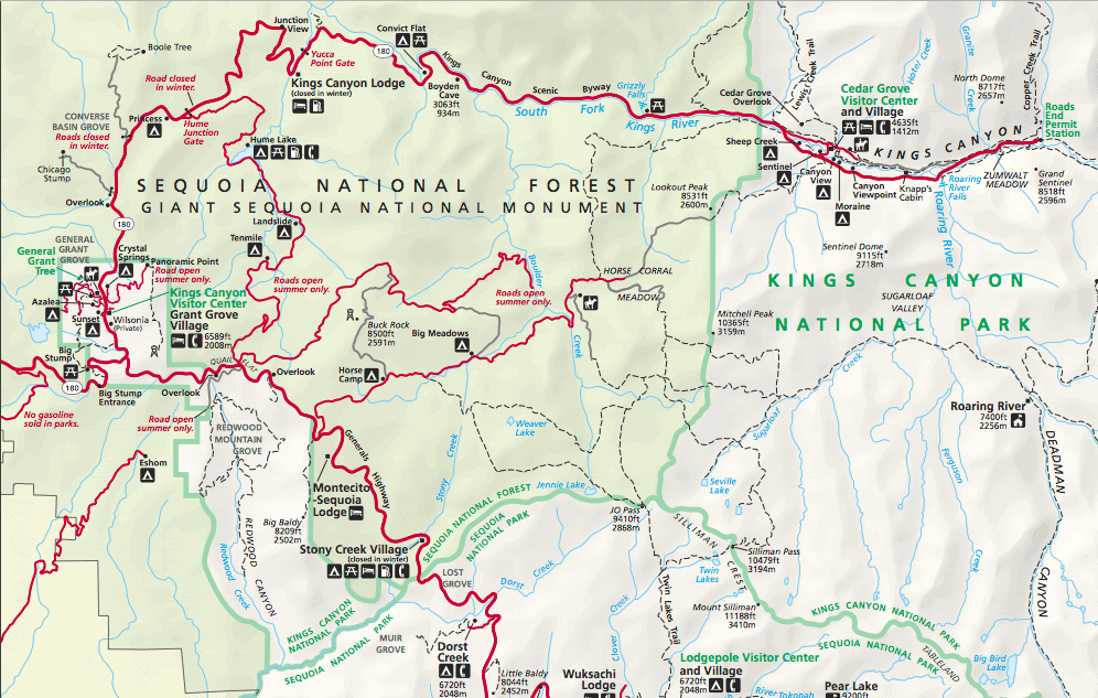 map of sequoia and kings canyon national parks with red lines depicting the roads