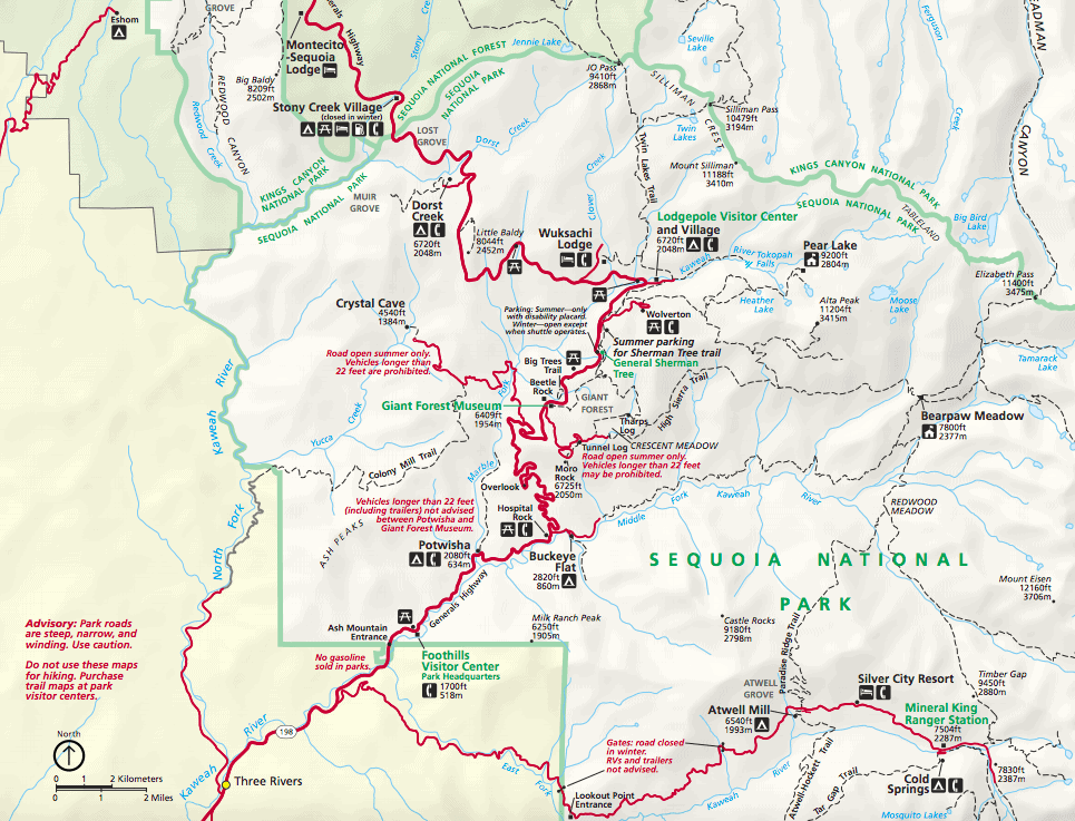 map of sequoia national park. red lines depict the roads. symbols show where bathrooms, telephone, campsites, etc are located