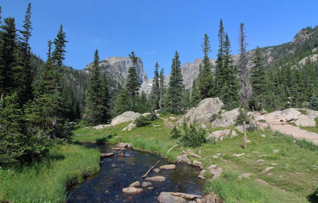 creek in rocky mountains with trees